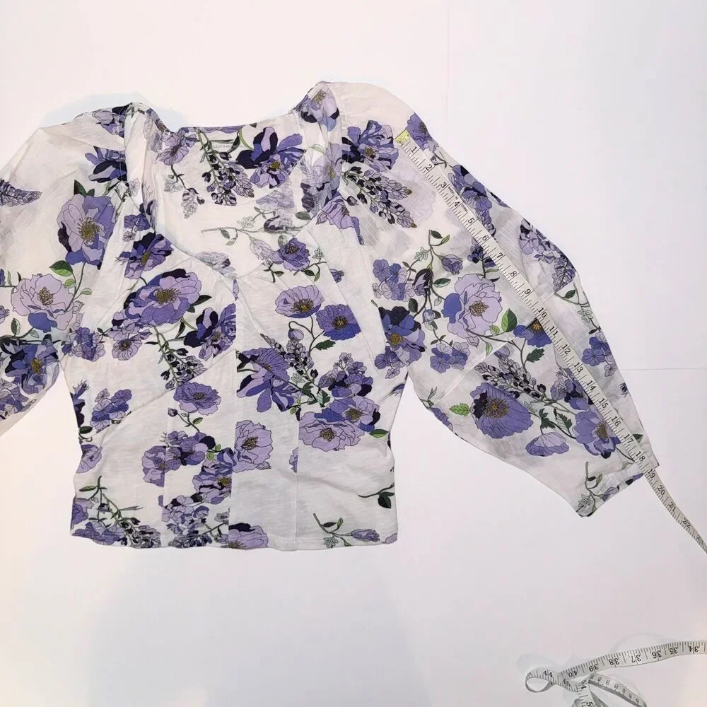 Anthropologie Purple White Floral Ruched Balloon Sleeve Top Cotton Knit Boho M